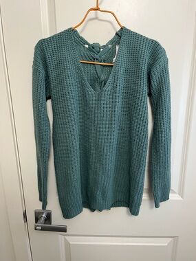 Pink Rose Teal Knit Lace-Up Back V-Neck Sweater in size S